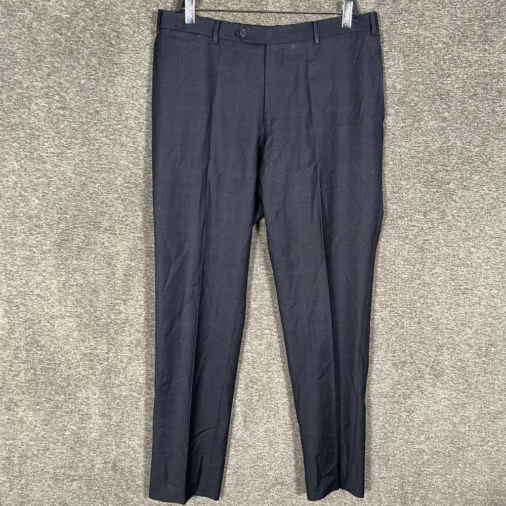 Canali Pants Mens 37x33 Blue Wool Dress Trousers Check‎ Flat Front Formal
